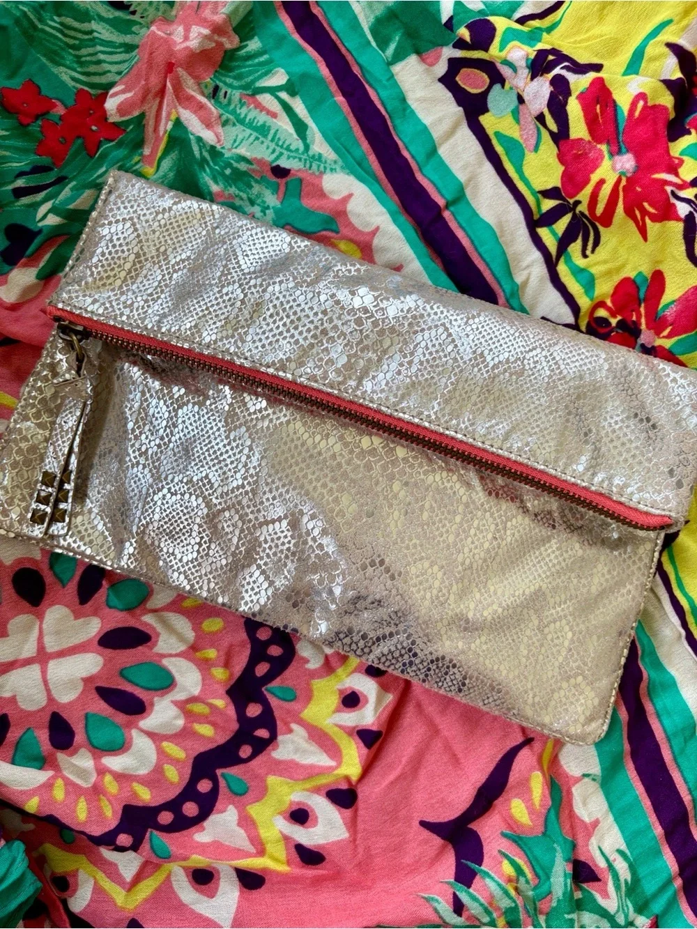 American Eagle Metallic Snakeskin Foldover Clutch Magnetic Snap Close Coral Zip